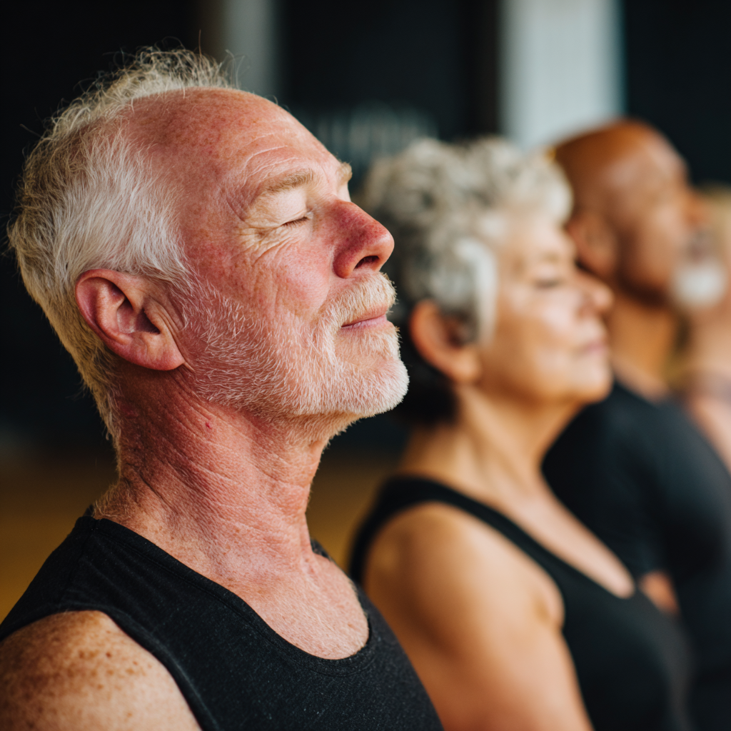 Experienced yoga instructor guiding mature adults in gentle breathing exercise