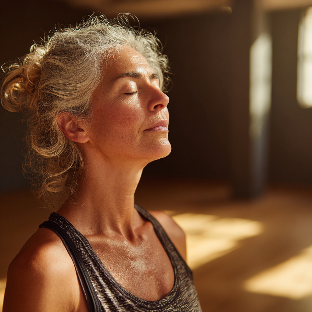 Peaceful middle-aged woman practicing meditation in serene yoga studio